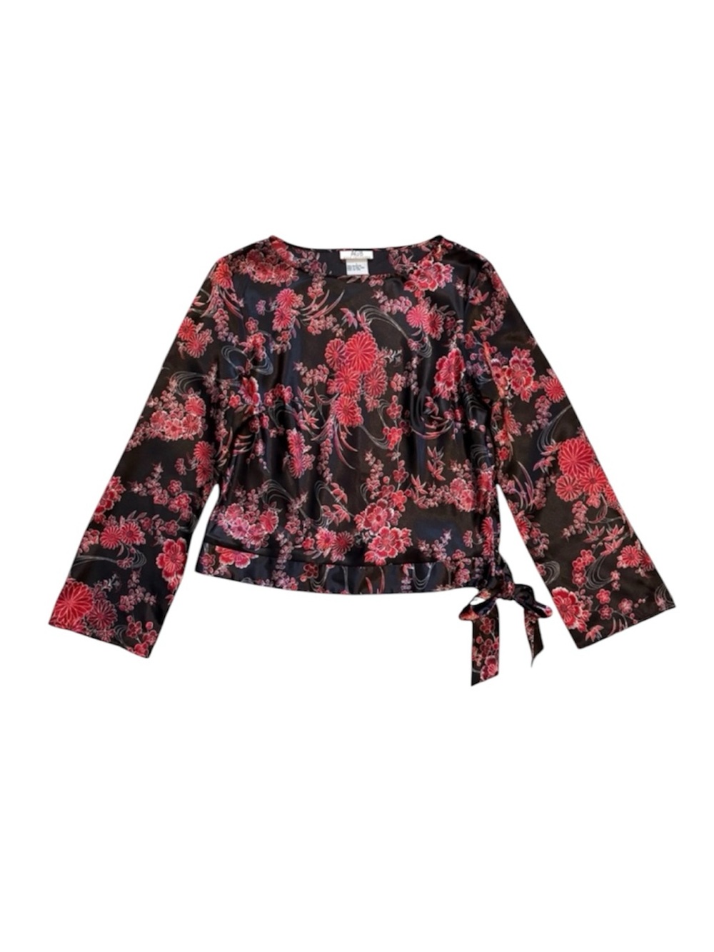 Vintage AGB Satin Floral Boxy Tie Waist Floral Print Blouse Size Large